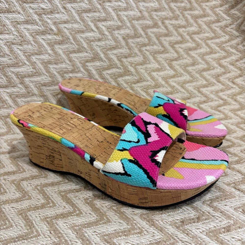 Stuart Weitzman Women’s Cork Wedge Slide Sandals Abstract Print